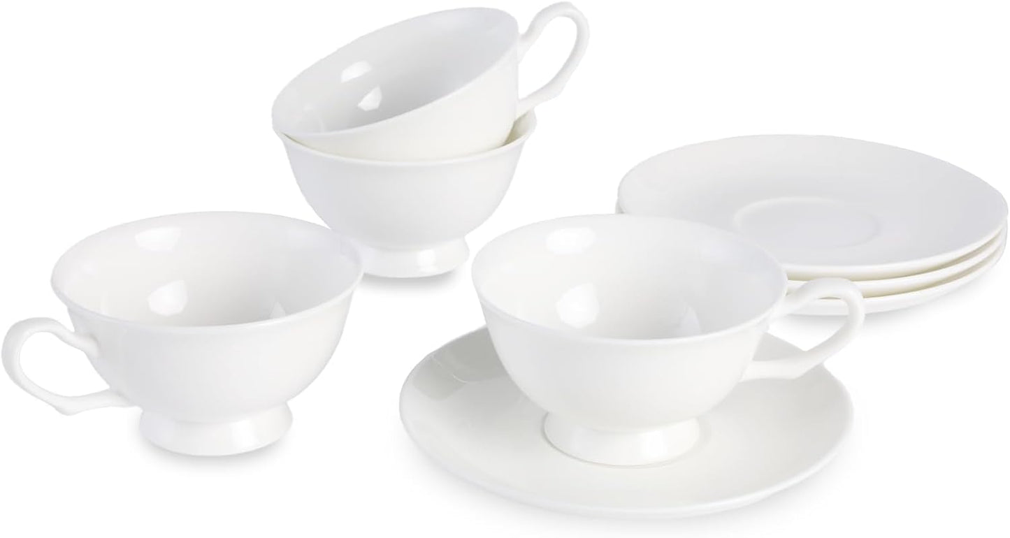 Fine Bone China Cappuccino Mugs Set of 4, 7 Oz Spiral Pattern Lightweight Ceramic, Art Coffee Cups with Saucers, for Latte, Mocha, Tea, Espresso, Macchiato, Americano