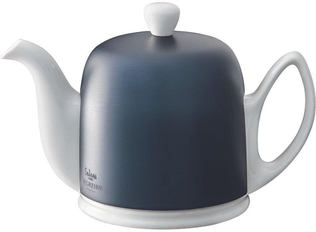 Salam Luxury French Tea Pot - Porcelain Teapot with Brushed Aluminum Cover, Ceramic Tea Kettle for Loose Tea, Removable Infuser, 6 Cup Capacity, 36oz - Aluminum