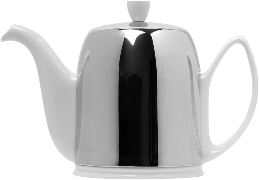 Salam Luxury French Tea Pot - Porcelain Teapot with Stainless Steel Cover, Ceramic Tea Kettle for Loose Tea, Removable Infuser, 4 Cup Capacity, 24oz - White