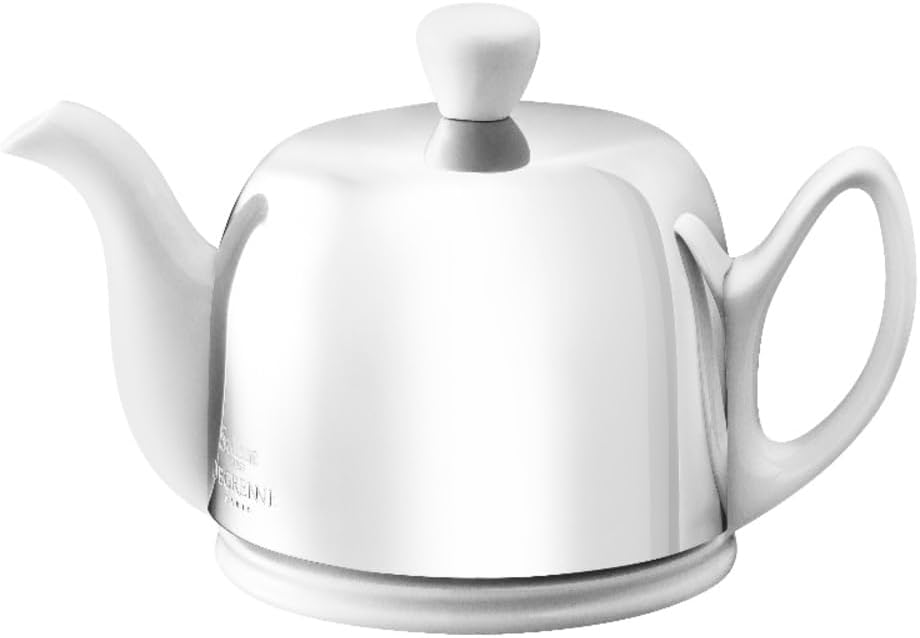 Salam Luxury French Tea Pot - Porcelain Teapot with Stainless Steel Cover, Ceramic Tea Kettle for Loose Tea, Removable Infuser, 4 Cup Capacity, 24oz - White