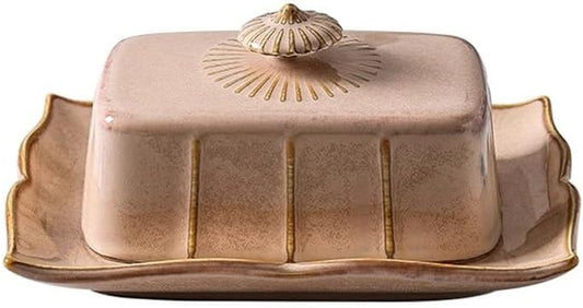 Butter Dish French Vintage Ceramic Butter Box French Tableware Baked Butter Plate with Cow Butter Cover Dim sum Plate Cheese Box(Khaki)