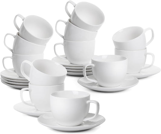 BTaT Porcelain Tea Cups and Saucers, 8oz, Set of 12, White