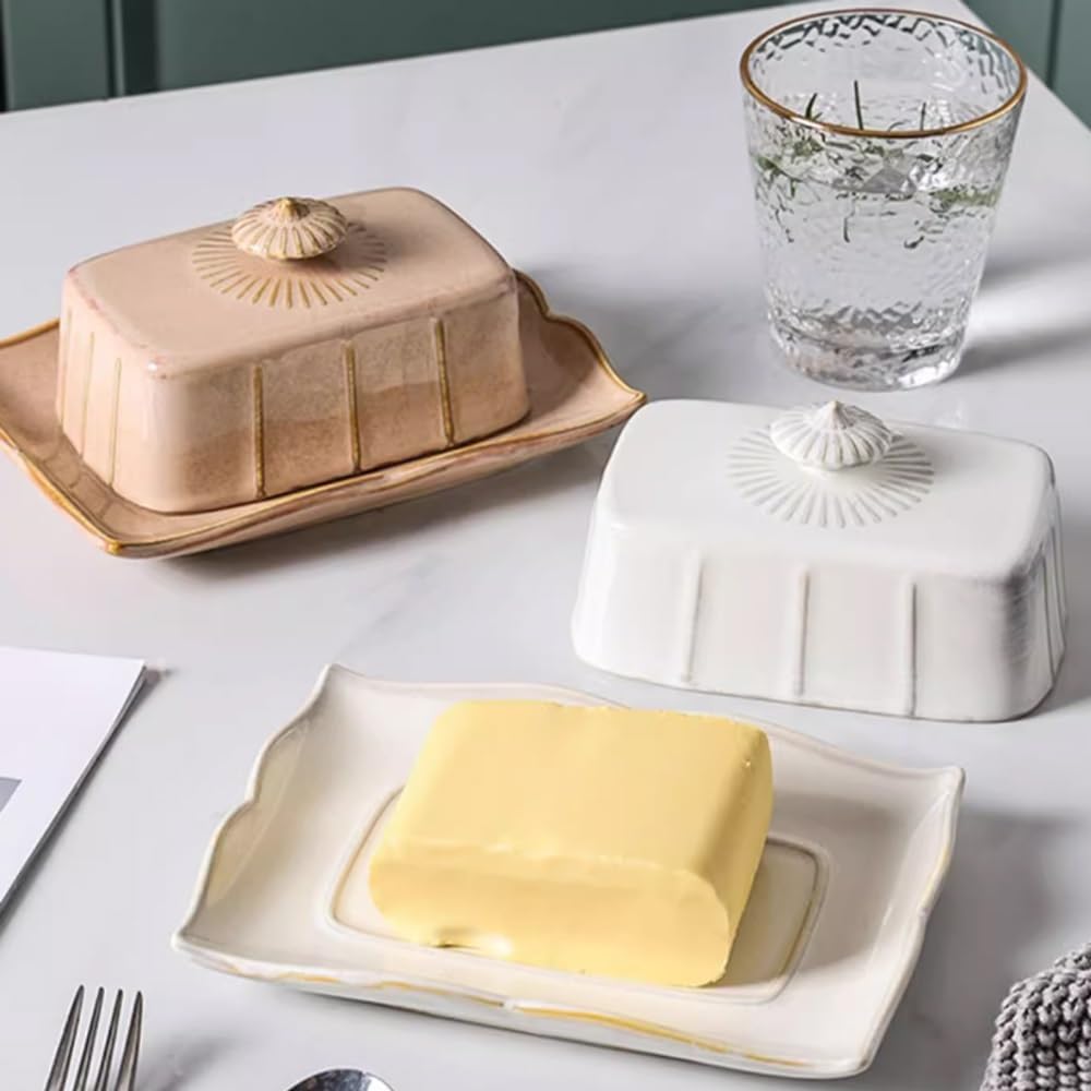 Butter Dish French Vintage Ceramic Butter Box French Tableware Baked Butter Plate with Cow Butter Cover Dim sum Plate Cheese Box(Khaki)