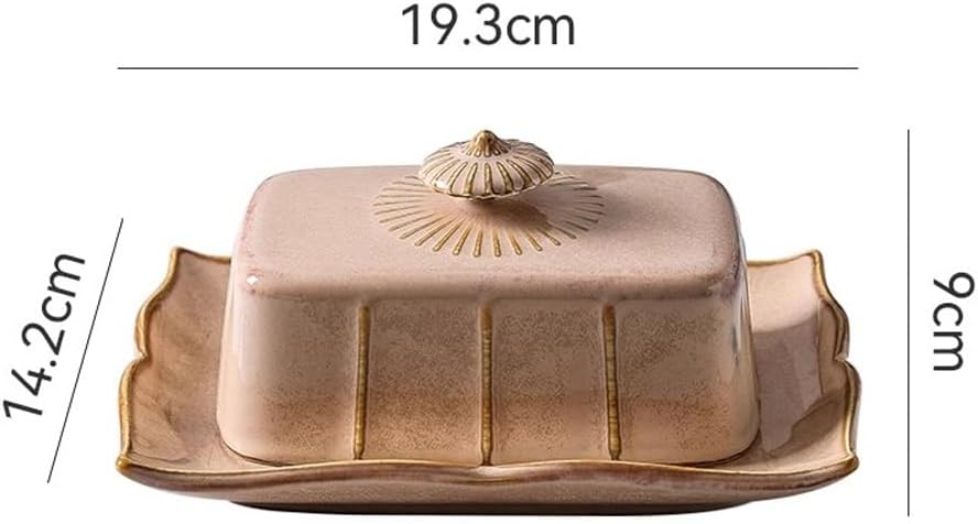 Butter Dish French Vintage Ceramic Butter Box French Tableware Baked Butter Plate with Cow Butter Cover Dim sum Plate Cheese Box(Khaki)