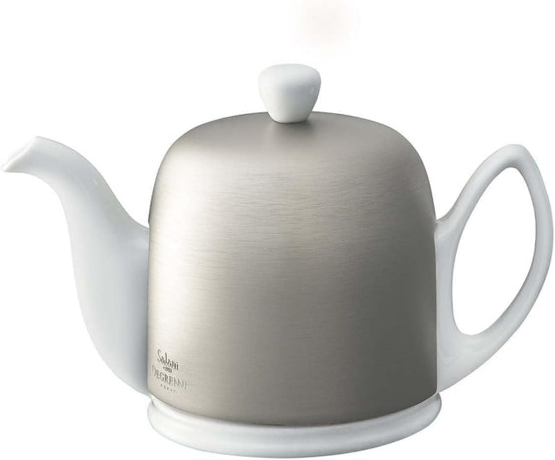 Salam Luxury French Tea Pot - Porcelain Teapot with Brushed Aluminum Cover, Ceramic Tea Kettle for Loose Tea, Removable Infuser, 6 Cup Capacity, 36oz - Aluminum