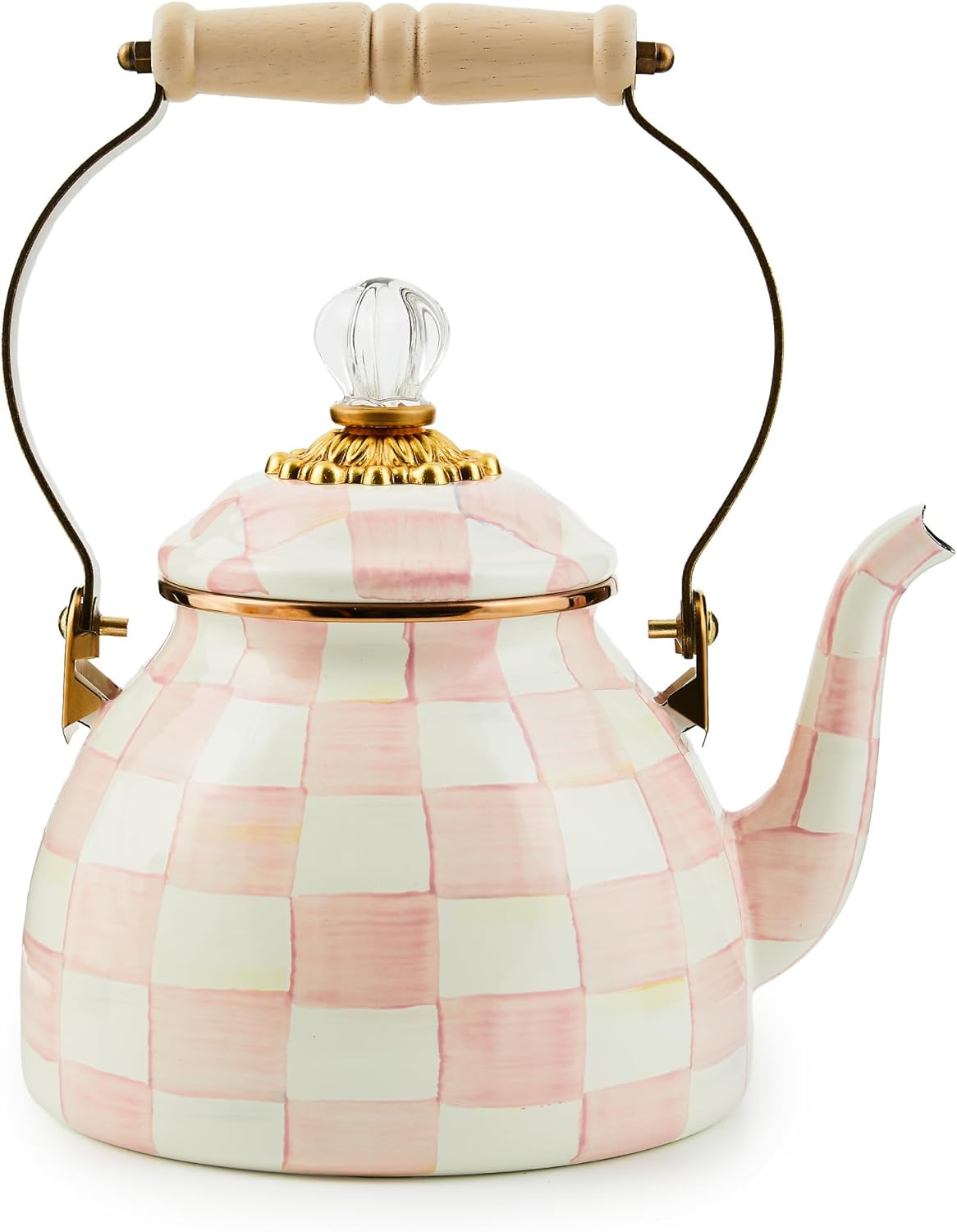 MACKENZIE-CHILDS Enamel Tea Kettle, Stylish Tea Kettle for Stovetop, Black-and-White Courtly Check, 2 Quarts