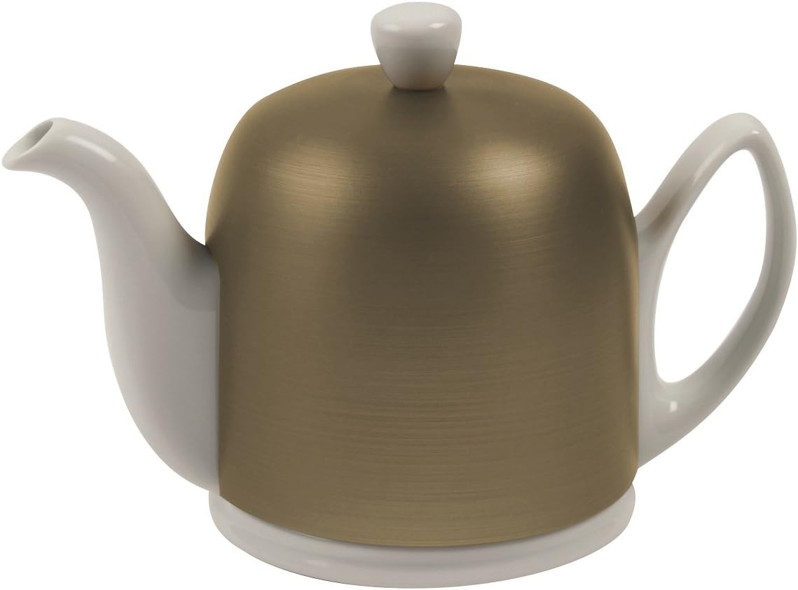 Salam Luxury French Tea Pot - Porcelain Teapot with Brushed Aluminum Cover, Ceramic Tea Kettle for Loose Tea, Removable Infuser, 6 Cup Capacity, 36oz - Aluminum