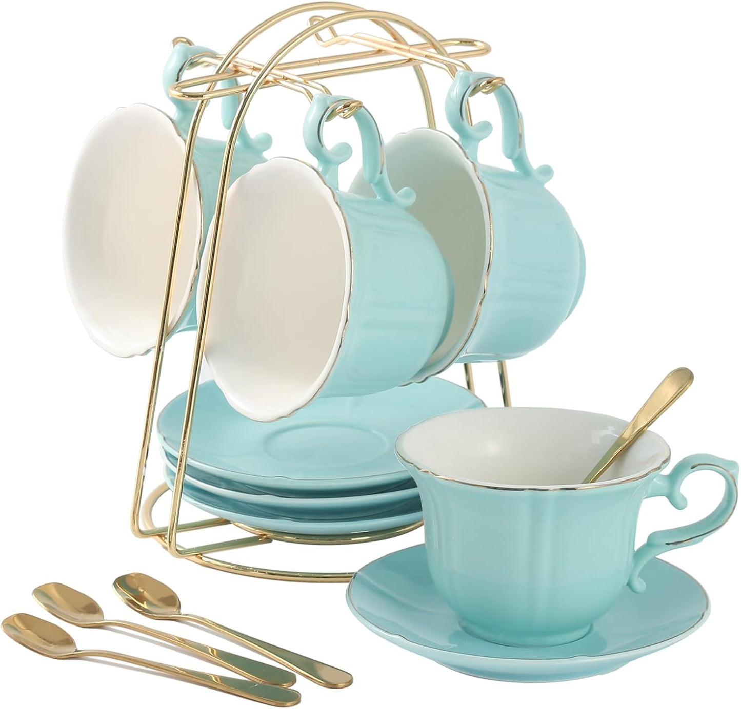 DUJUST Tea Cups and Saucers Set of 4 (7.4oz), Luxury Tea Cup Set with Golden Trim, Black Coffee Cups with Metal Stand, British Porcelain Tea Party Set - Black