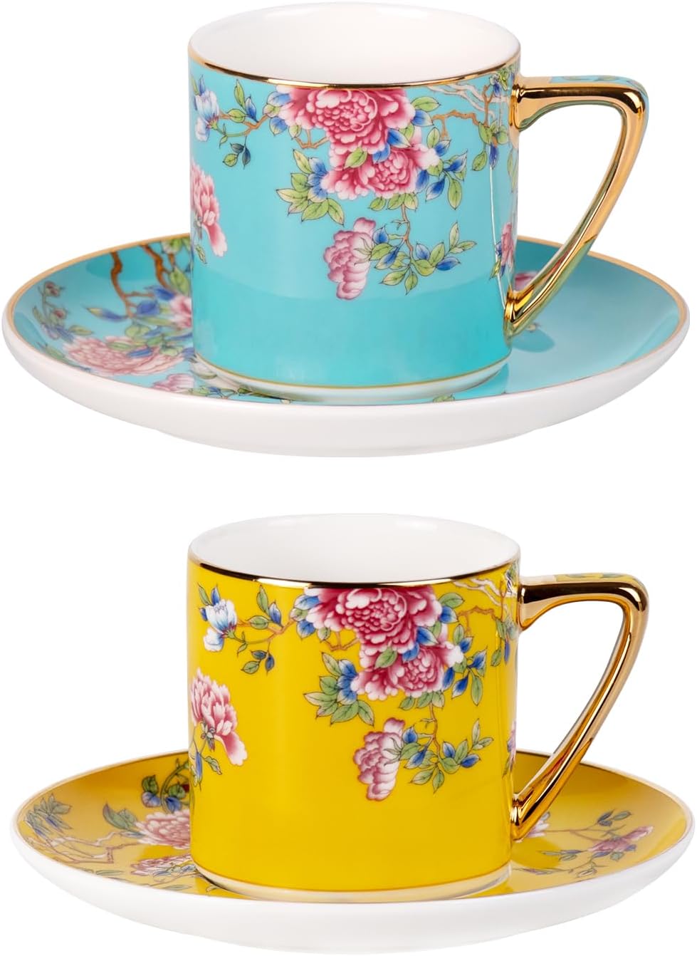 KAMMAK Tea Cups and Saucers Set of 2, Porcelain Coffee Cups with Saucer for Espresso, Cappuccino, 7.5oz Red and Blue Ceramic Demitasse Mug for Home, Tea Party, Office