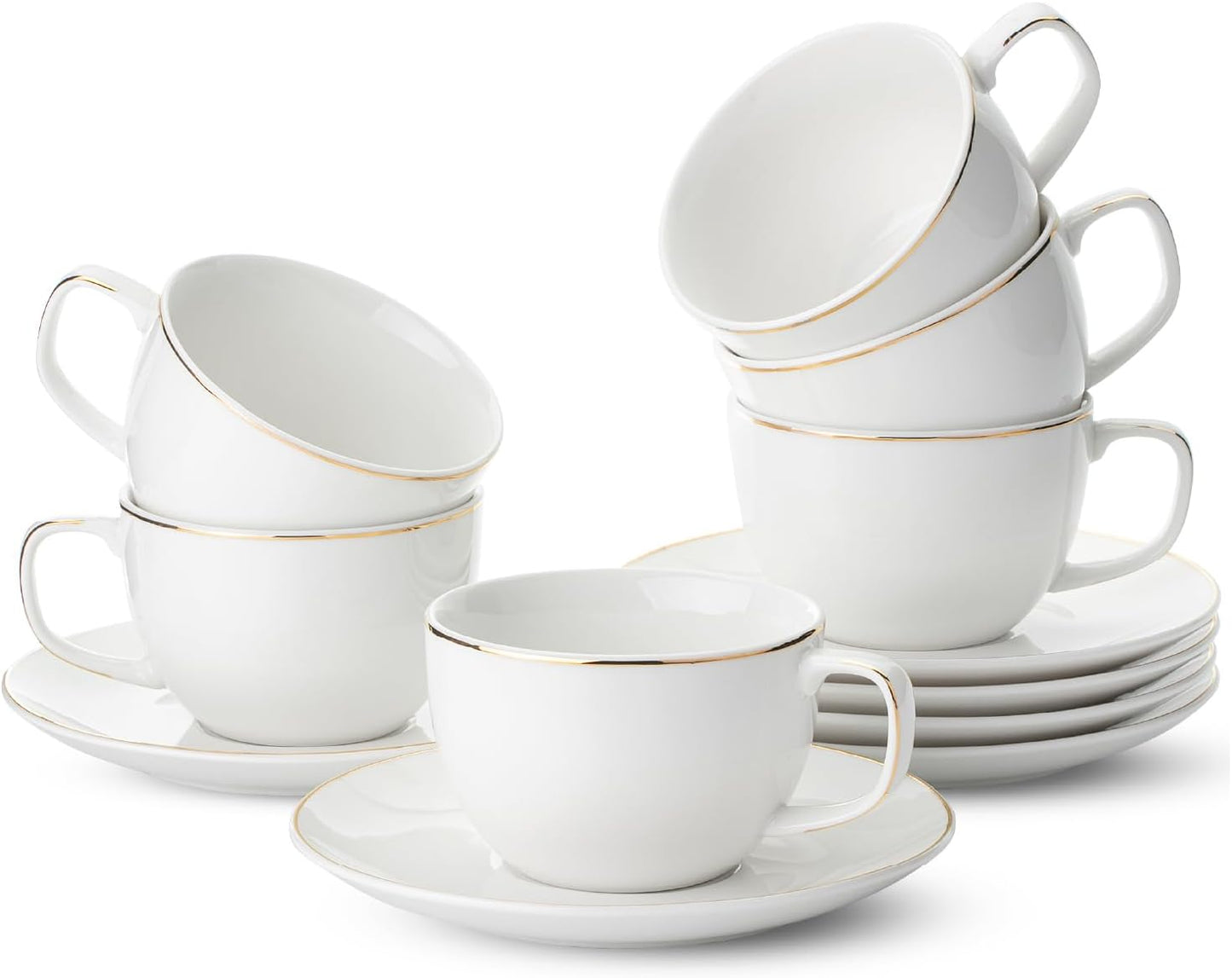 BTaT Porcelain Tea Cups and Saucers, 8oz, Set of 12, White
