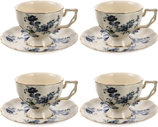 8 oz Coffee Cups with Saucers, Ceramic Cappuccino Cups Set of 4, Vintage Floral Tea Cup and Saucer, Large Porcelain Mugs for Espresso, Latte, Mocha, Housewarming Present - Dishwasher Safe