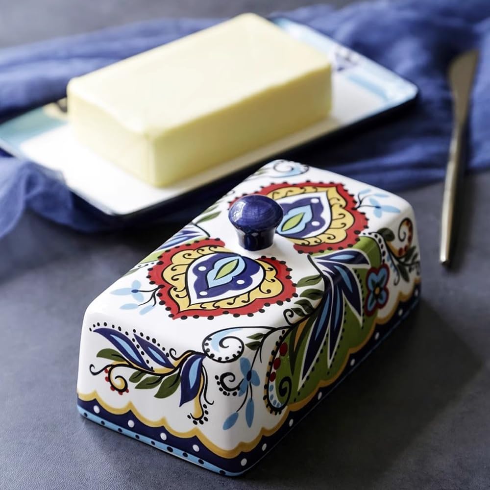 Butter Dish Creative Ceramic Butter Box European Tableware with Cover Butter Plate Dim Sum Plate Butter Plate Cheese Box Storage(Green)