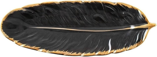 Fruit Bowls Ceramic Plate Fashion Feather Design Tray Tableware Accessories Dim Sum Fruit Plate Kitchen Dining Dish fruit Vegetable(Black,Small)
