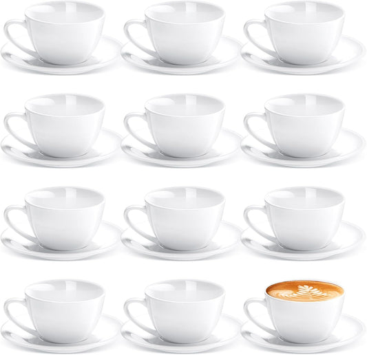 Maxdot 12 Set 5.5 OZ Porcelain Espresso Cups with Saucers White Ceramic Coffee Cups and Saucers Cappuccino Mug Latte Cup for Cafe Mocha Barista Coffee Shop
