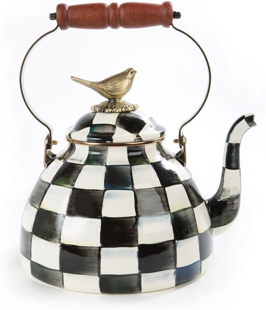 MACKENZIE-CHILDS Enamel Tea Kettle, Cute Kitchen Kettle for Stovetop, 3-Quart Capacity, White Flower Market with Bird Topper