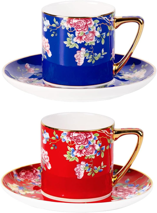 KAMMAK Tea Cups and Saucers Set of 2, Porcelain Coffee Cups with Saucer for Espresso, Cappuccino, 7.5oz Red and Blue Ceramic Demitasse Mug for Home, Tea Party, Office