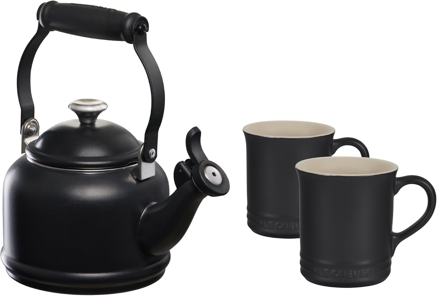 Le Creuset Enamel On Steel Demi Kettle with Metal Finishes & Stoneware Set of 2 Mugs, 1.25 qt. Kettle & (2) 14 oz. Mugs, Artichaut