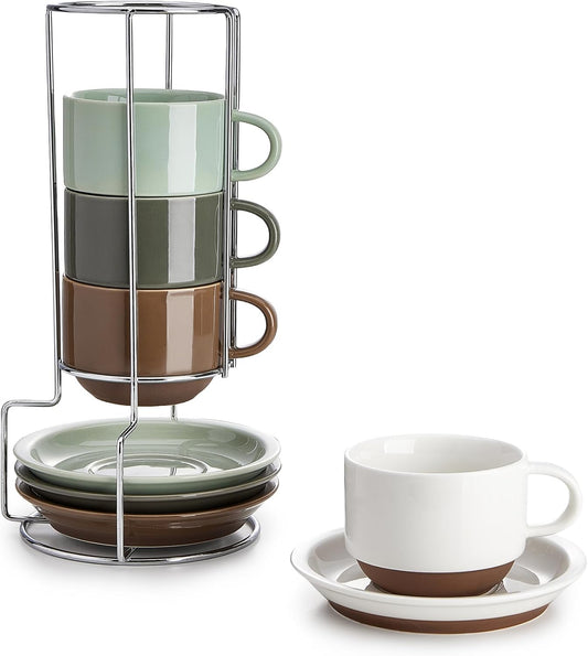 Sweese 8 Ounce Cappuccino Cups Set of 4, Porcelain Stackable Coffee Cups with Saucers and Metal Stand, Multicolor