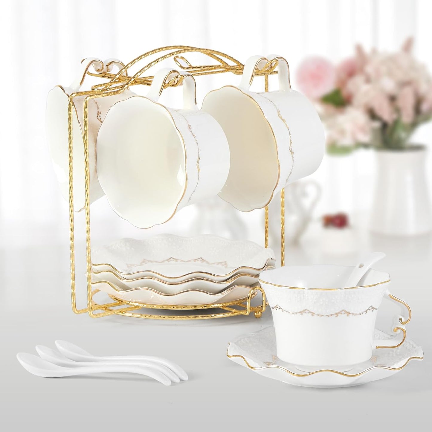 DUJUST Tea Cups and Saucers Set of 4 (7.4oz), Luxury Tea Cup Set with Golden Trim, Black Coffee Cups with Metal Stand, British Porcelain Tea Party Set - Black