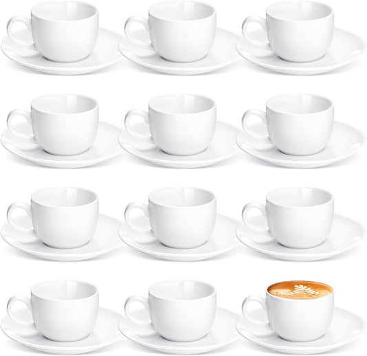 Maxdot 12 Set 2.7 OZ Porcelain Espresso Cups with Saucers White Ceramic Coffee Cups and Saucers Cappuccino Mug Latte Cup for Cafe Mocha Barista Coffee Shop