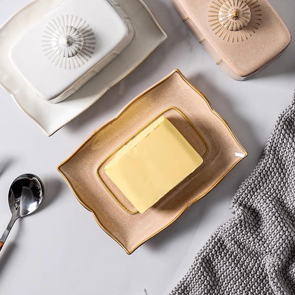 Butter Dish French Vintage Ceramic Butter Box French Tableware Baked Butter Plate with Cow Butter Cover Dim sum Plate Cheese Box(Khaki)