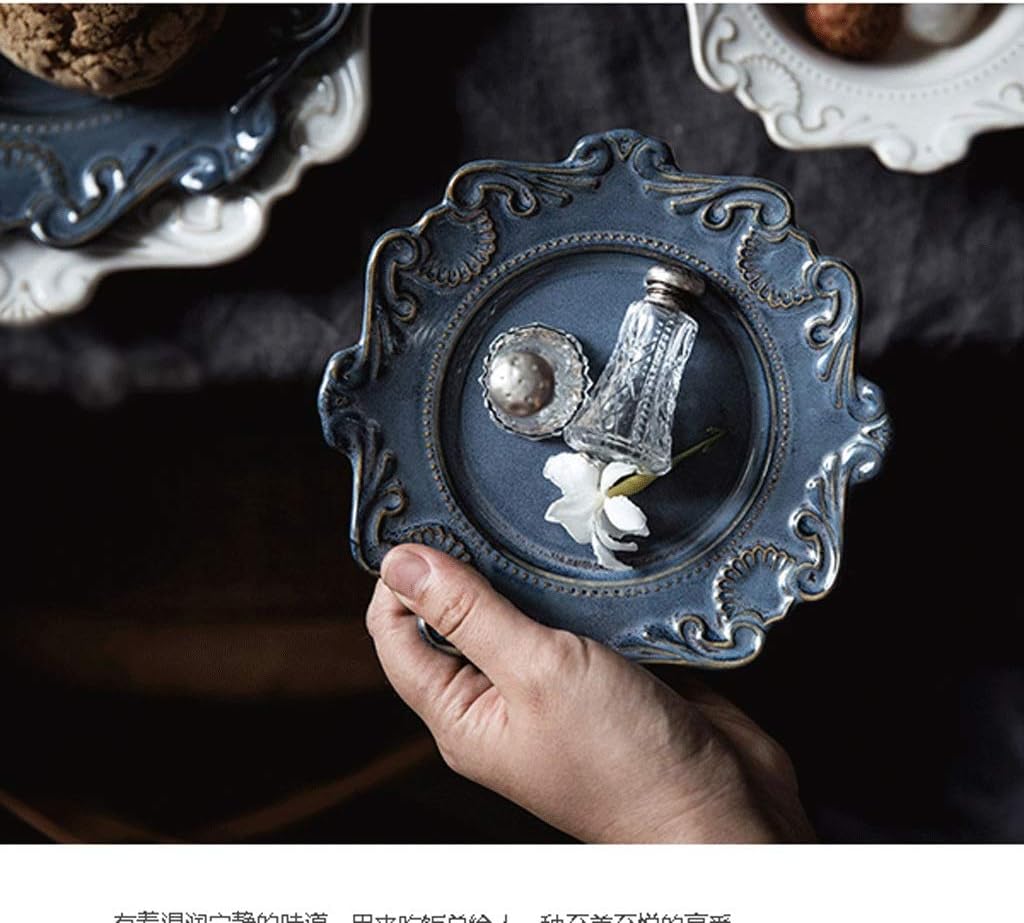 Blue and White Porcelain Antique Embossed Ceramic Dinner Plate Set Main Dish Tray Dim Sum Salad Dish Tableware 1Pc/24.5Cm