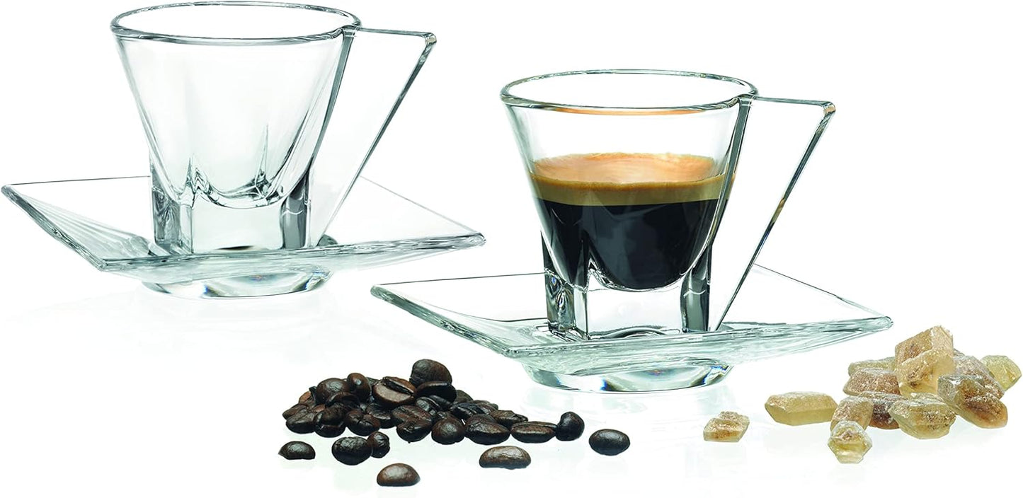 Barski Glass Espresso Cups With Saucers - - Mug - With Saucer - 2.3 oz. - Set of 2 - (Each set has a saucer and a cup) - for Cappuccino, Coffee, Latte, Tea - Made in Europe