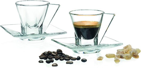 Barski Glass Espresso Cups With Saucers - - Mug - With Saucer - 2.3 oz. - Set of 2 - (Each set has a saucer and a cup) - for Cappuccino, Coffee, Latte, Tea - Made in Europe