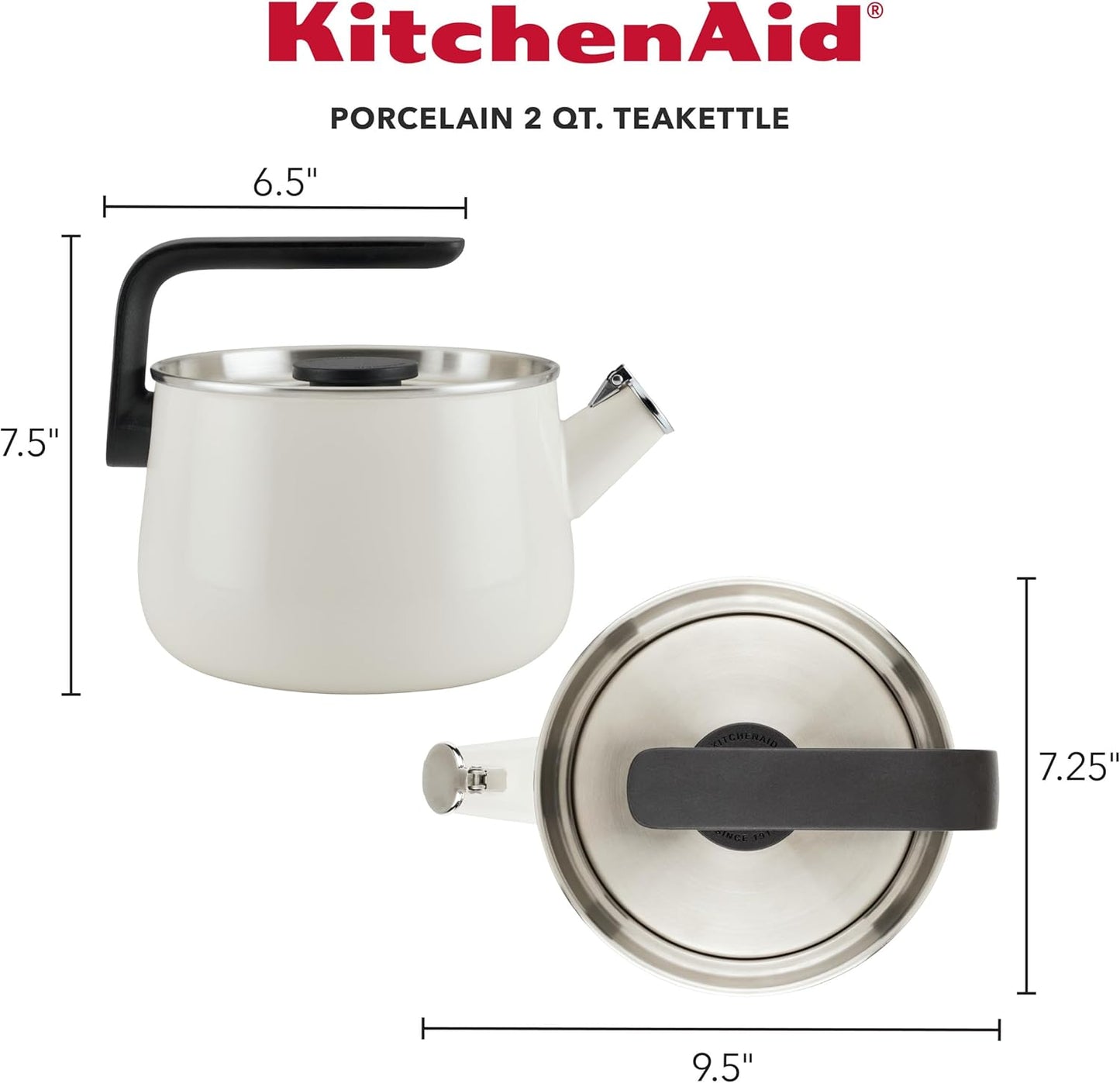 KitchenAid Teakettles Enamel-on-Steel Stovetop Whistling Teakettle, Induction Ready, Stainless steel Lid, 2 Quart - White