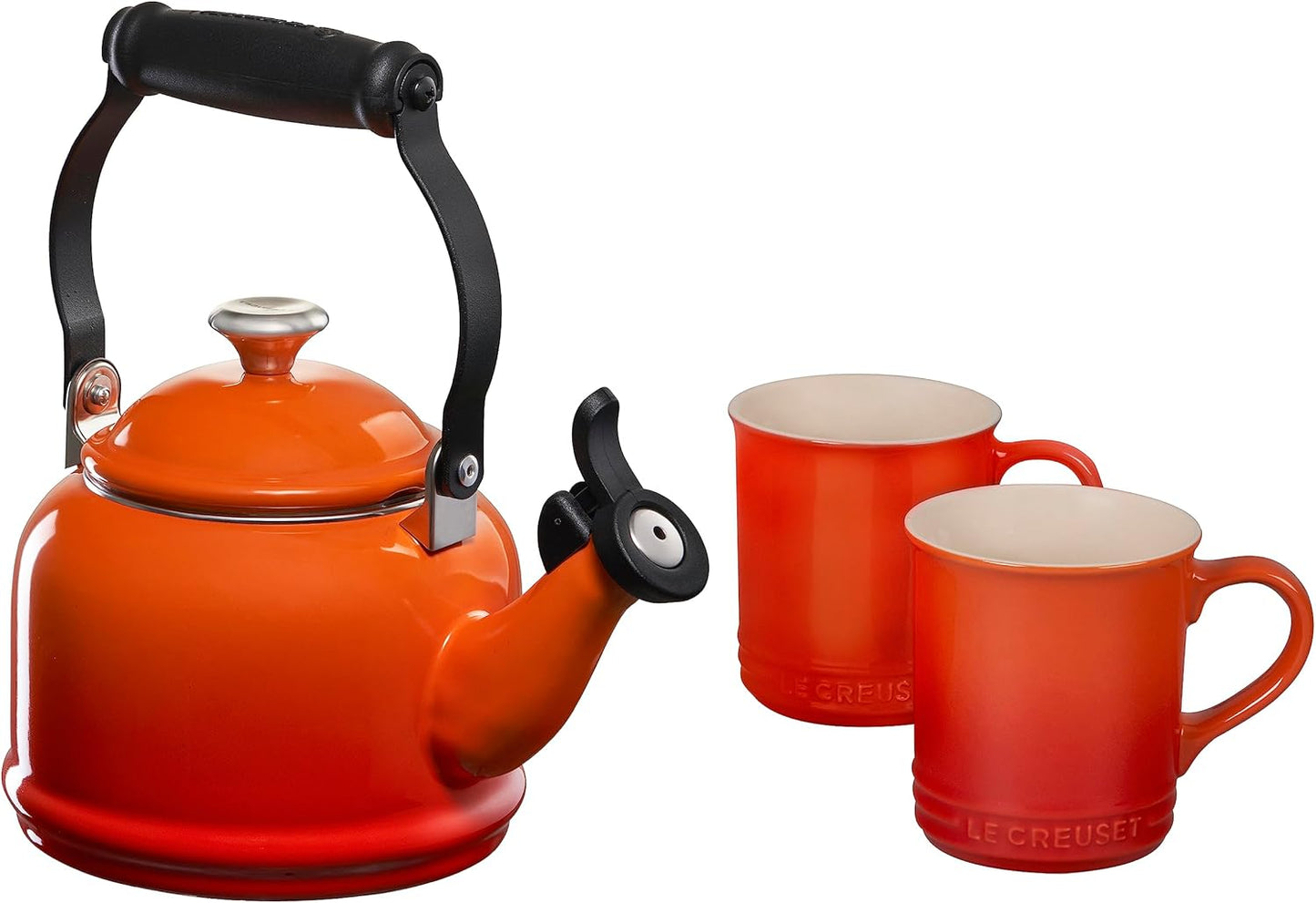 Le Creuset Enamel On Steel Demi Kettle with Metal Finishes & Stoneware Set of 2 Mugs, 1.25 qt. Kettle & (2) 14 oz. Mugs, Artichaut