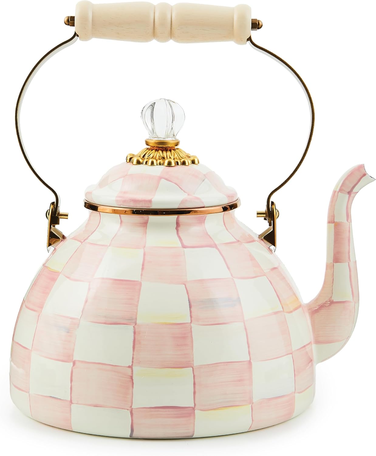 MACKENZIE-CHILDS Enamel Tea Kettle, Stylish Tea Kettle for Stovetop, Black-and-White Courtly Check, 2 Quarts