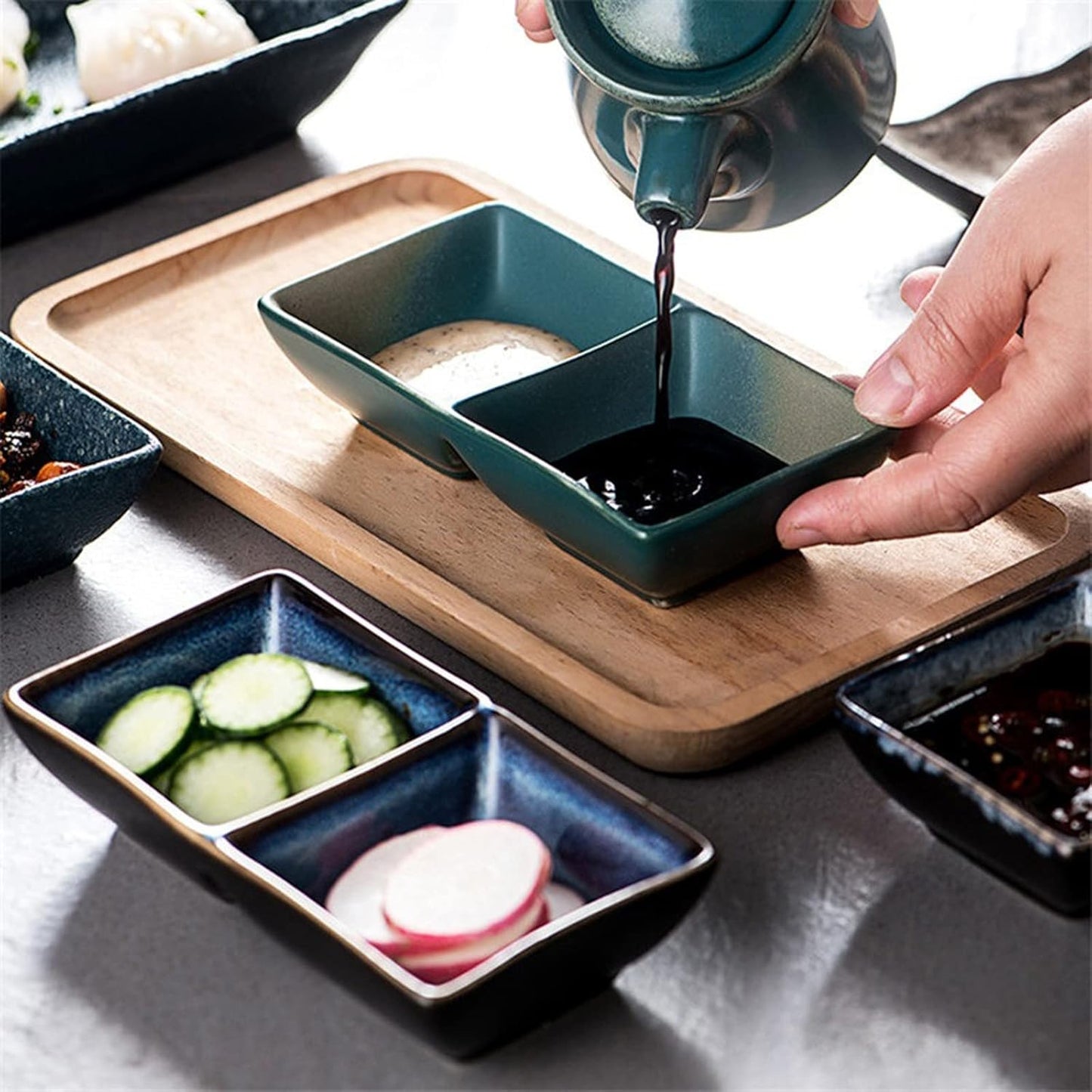 Dim Sum Plate Japanese Dip Bowl Ceramic Retro Seasoning Sauce Dish Creative Butter Sushi Vinegar Dish Porcelain Dish Kitchen Tableware Dim Sum Bowl Barbecue Hot Pot Multiple Seasoning Dish Snack Dish