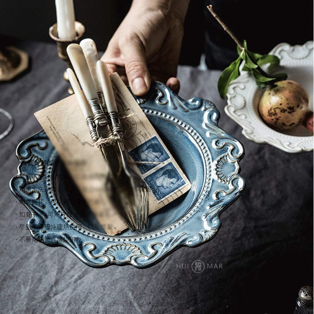 Blue and White Porcelain Antique Embossed Ceramic Dinner Plate Set Main Dish Tray Dim Sum Salad Dish Tableware 1Pc/24.5Cm