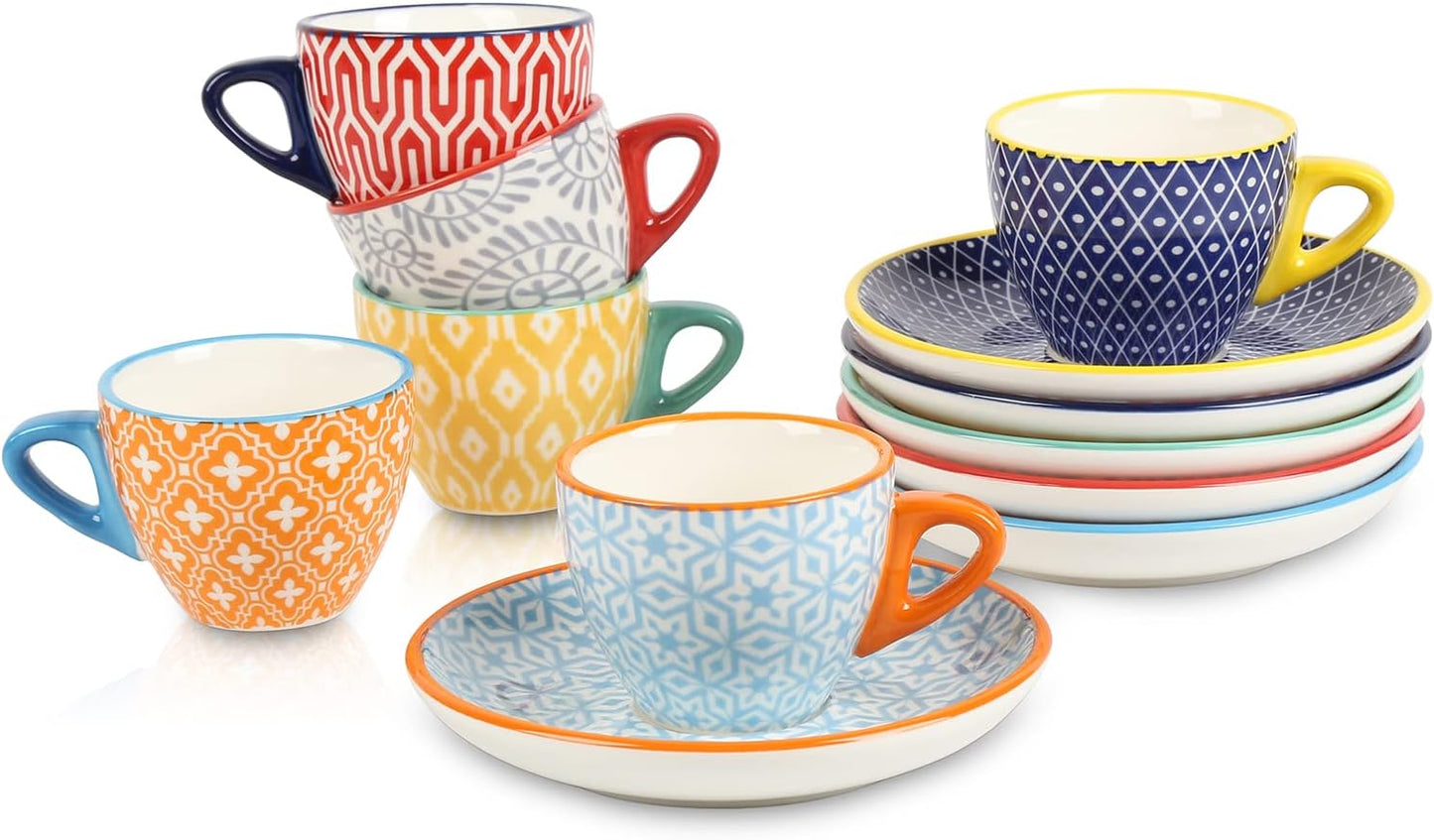 Selamica Ceramic 8 oz Cappuccino Cup Set with Saucers, Espresso Coffee Cups, Latte Macchiato for Party Cafe Home, Set of 6, Vintage Blue