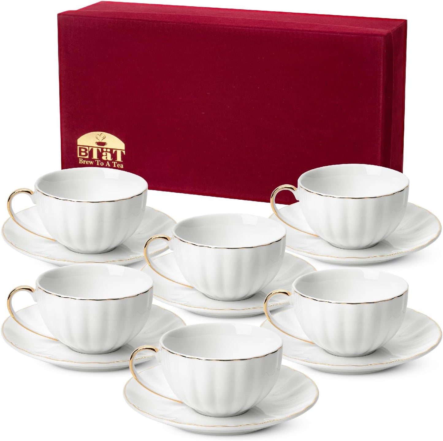 BTaT- White Tea Cups and Saucers Set of 12 (7 oz), Porcelain White Tea Cup Set of 12 with Golden Trim Design, Dishwasher Safe