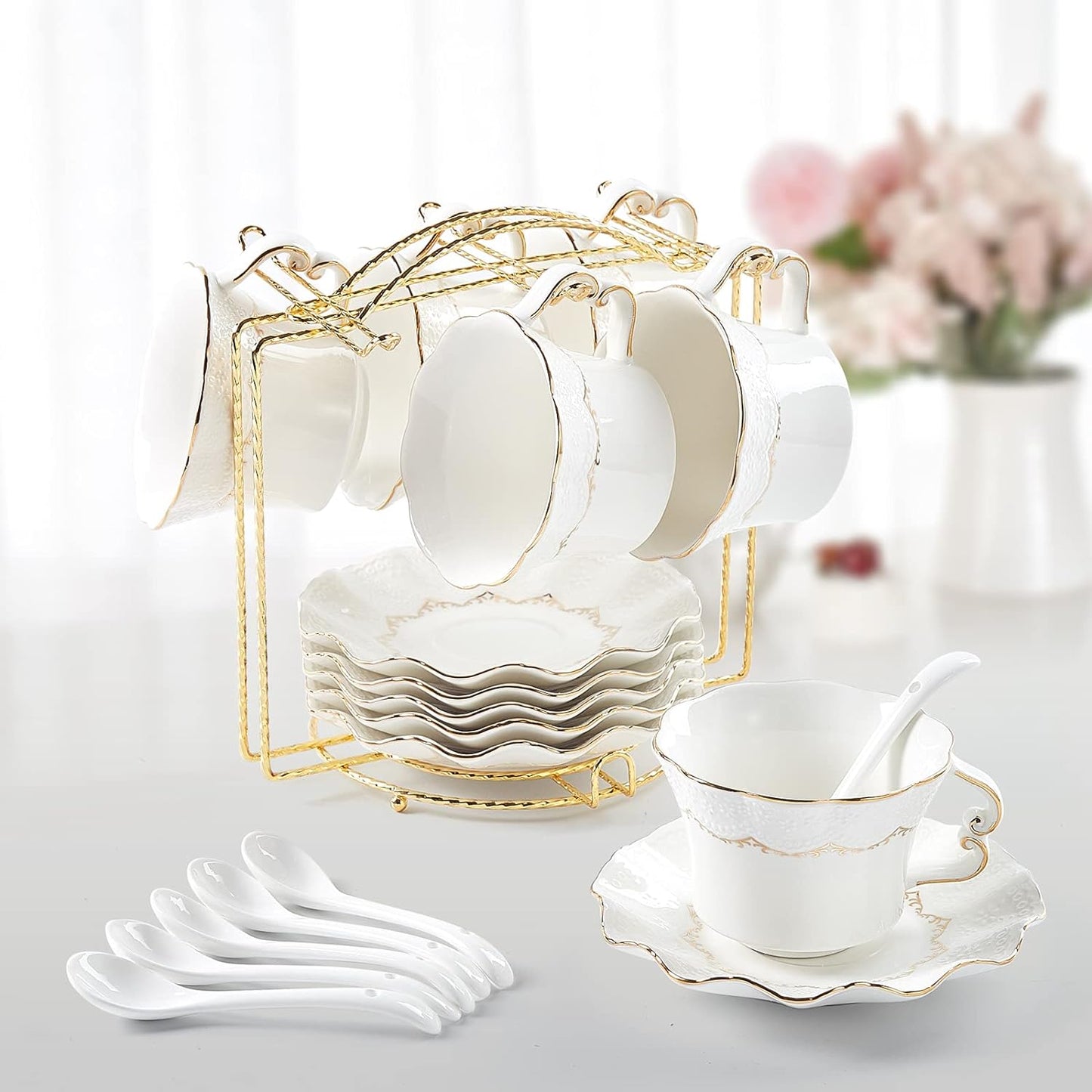 DUJUST Tea Cups and Saucers Set of 4 (7.4oz), Luxury Tea Cup Set with Golden Trim, Black Coffee Cups with Metal Stand, British Porcelain Tea Party Set - Black