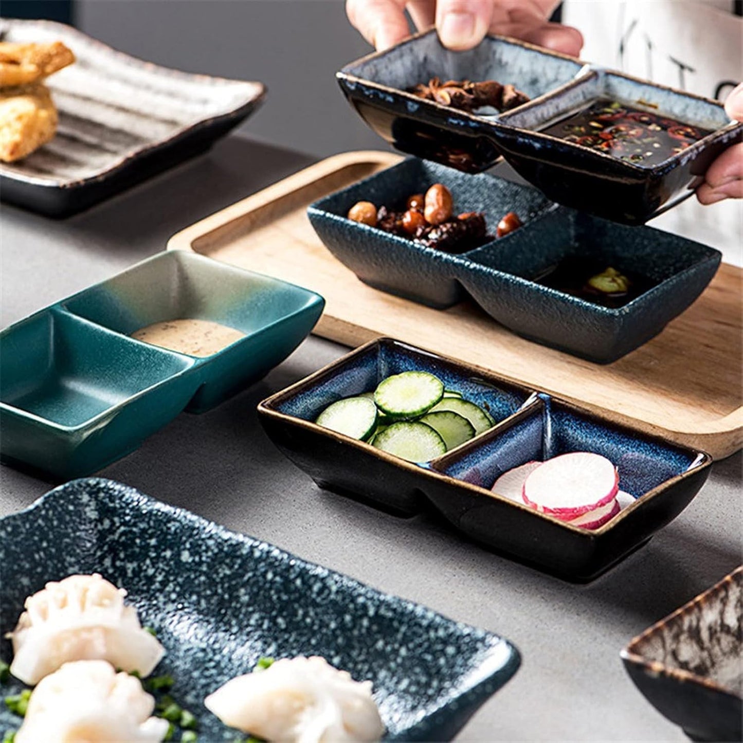 Dim Sum Plate Japanese Dip Bowl Ceramic Retro Seasoning Sauce Dish Creative Butter Sushi Vinegar Dish Porcelain Dish Kitchen Tableware Dim Sum Bowl Barbecue Hot Pot Multiple Seasoning Dish Snack Dish