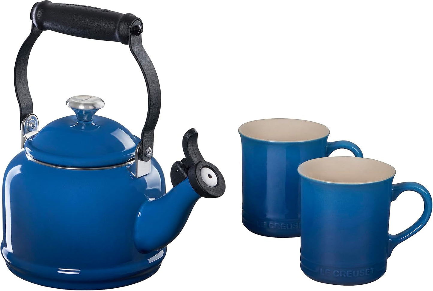 Le Creuset Enamel On Steel Demi Kettle with Metal Finishes & Stoneware Set of 2 Mugs, 1.25 qt. Kettle & (2) 14 oz. Mugs, Artichaut
