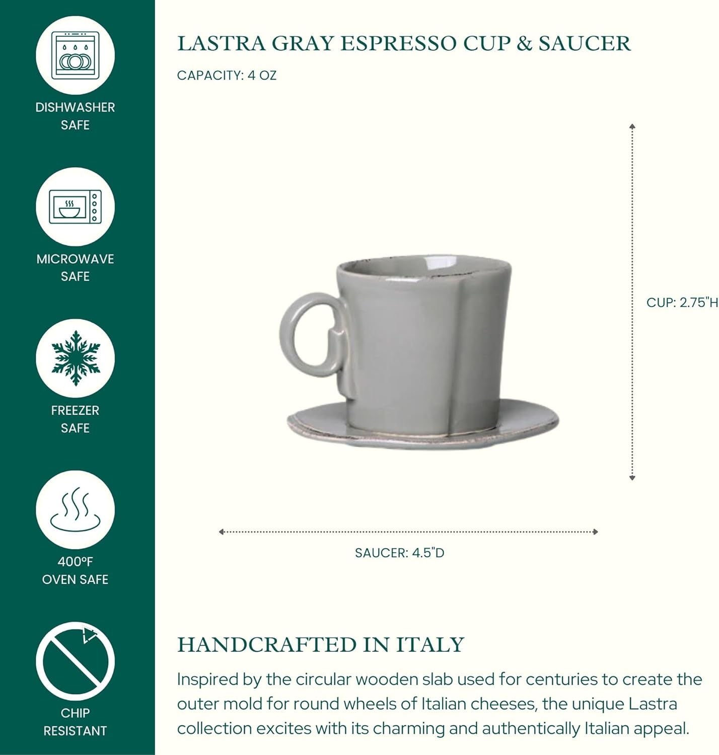 Vietri Lastra Gray Espresso Cup & Saucer Set, 4 oz, Stoneware Coffee Dishes, Dishwasher Safe Ceramic