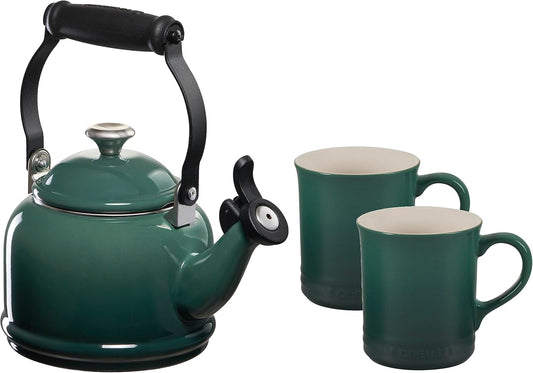 Le Creuset Enamel On Steel Demi Kettle with Metal Finishes & Stoneware Set of 2 Mugs, 1.25 qt. Kettle & (2) 14 oz. Mugs, Artichaut