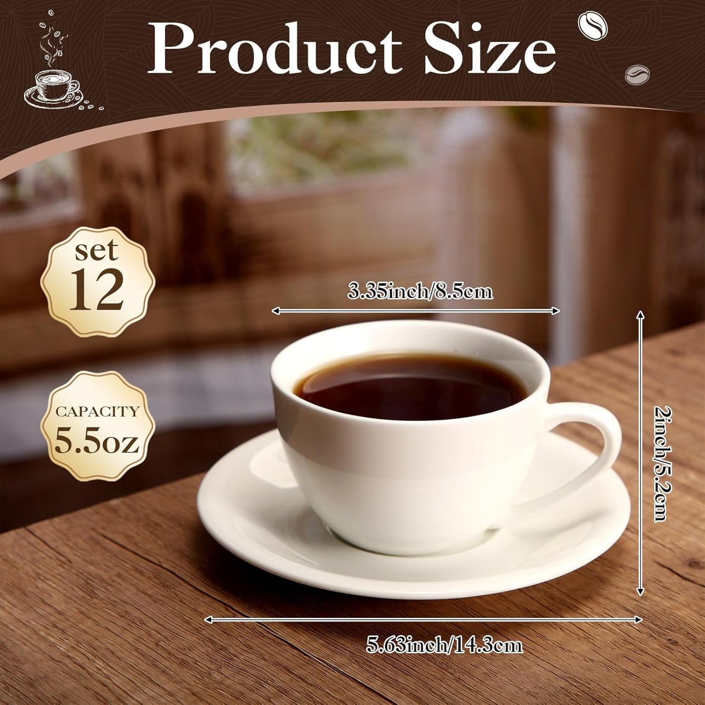 Maxdot 12 Set 5.5 OZ Porcelain Espresso Cups with Saucers White Ceramic Coffee Cups and Saucers Cappuccino Mug Latte Cup for Cafe Mocha Barista Coffee Shop