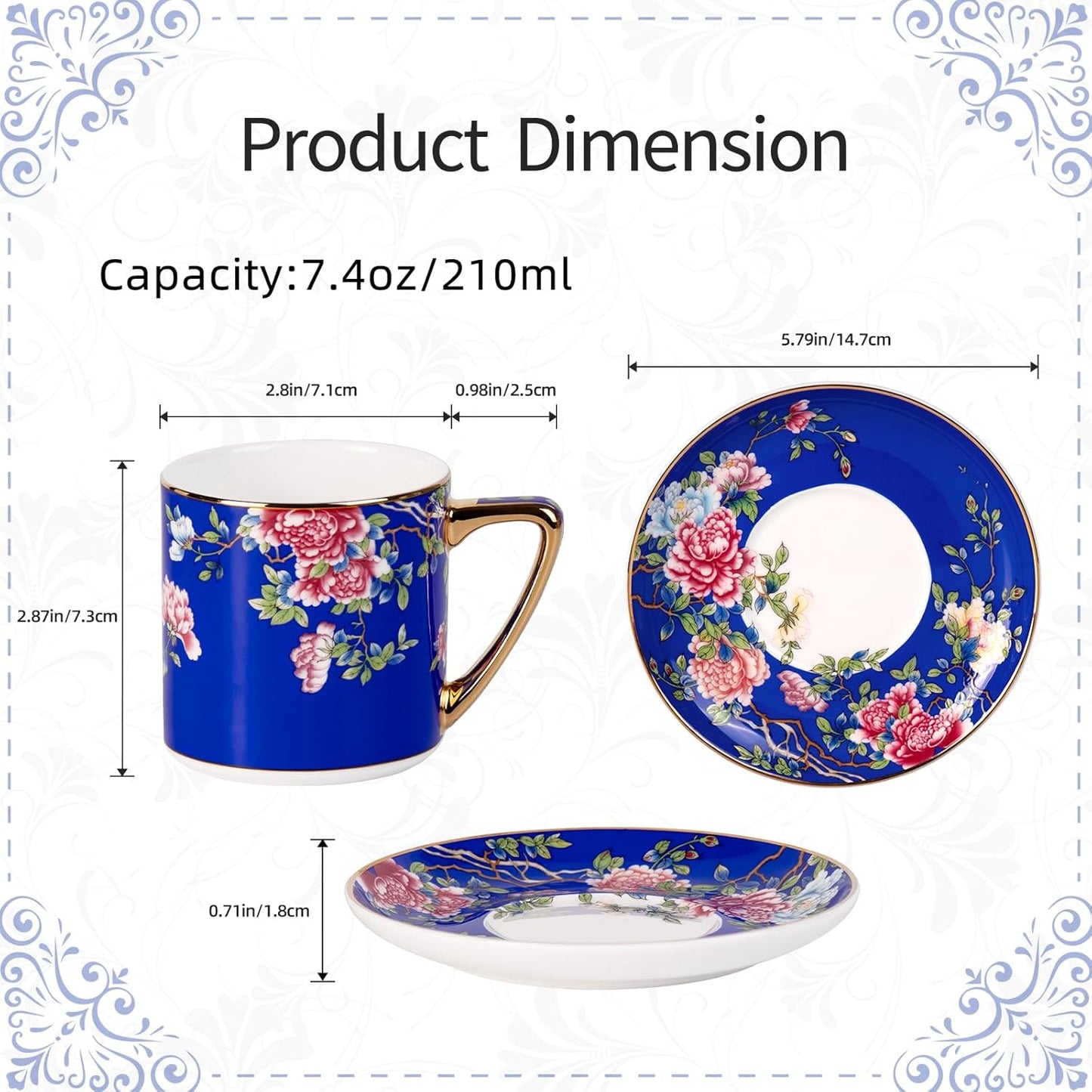 KAMMAK Tea Cups and Saucers Set of 2, Porcelain Coffee Cups with Saucer for Espresso, Cappuccino, 7.5oz Red and Blue Ceramic Demitasse Mug for Home, Tea Party, Office