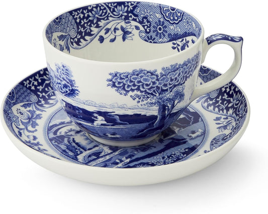 Spode Blue Italian Teacup and Saucer, 20-ounce Capacity, Jumbo Tea Set, Coffee Mug, Cup for Tea, Lattes, Espressos, and Hot Beverages - Blue &White