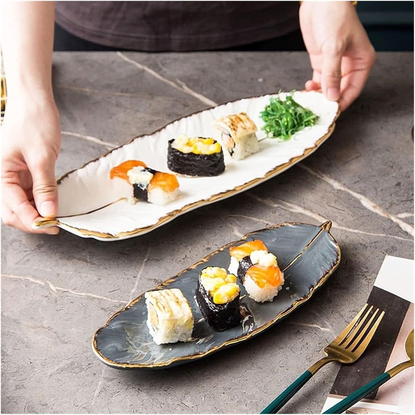 Fruit Bowls Ceramic Plate Fashion Feather Design Tray Tableware Accessories Dim Sum Fruit Plate Kitchen Dining Dish fruit Vegetable(Black,Small)