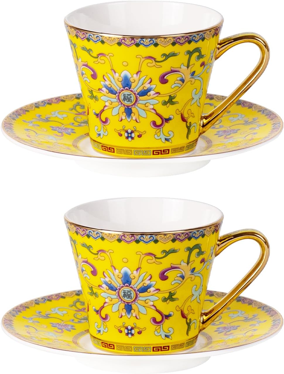 KAMMAK Tea Cups and Saucers Set of 2, Porcelain Coffee Cups with Saucer for Espresso, Cappuccino, 7.5oz Red and Blue Ceramic Demitasse Mug for Home, Tea Party, Office
