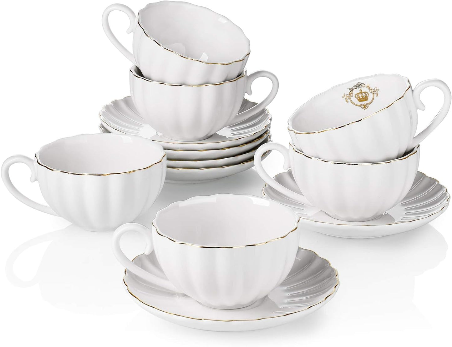 Amazingware Royal Tea Cups and Saucers, with Gold Trim and Gift Box, British Coffee Cups, Porcelain Tea Set, Set of 6 (8 oz)- Pink