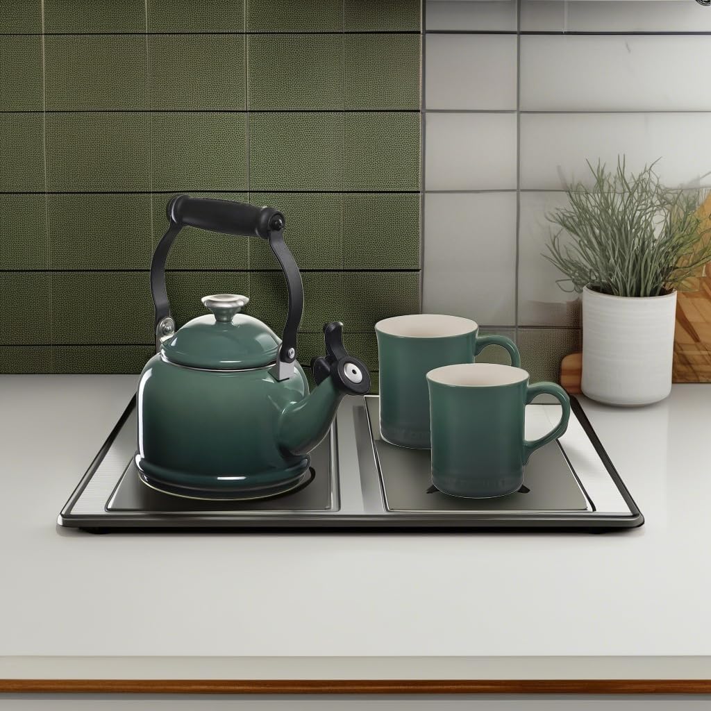 Le Creuset Enamel On Steel Demi Kettle with Metal Finishes & Stoneware Set of 2 Mugs, 1.25 qt. Kettle & (2) 14 oz. Mugs, Artichaut