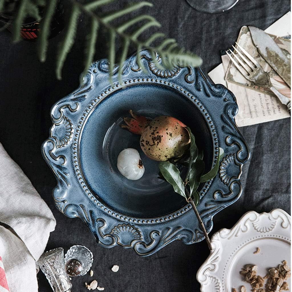 Blue and White Porcelain Antique Embossed Ceramic Dinner Plate Set Main Dish Tray Dim Sum Salad Dish Tableware 1Pc/24.5Cm