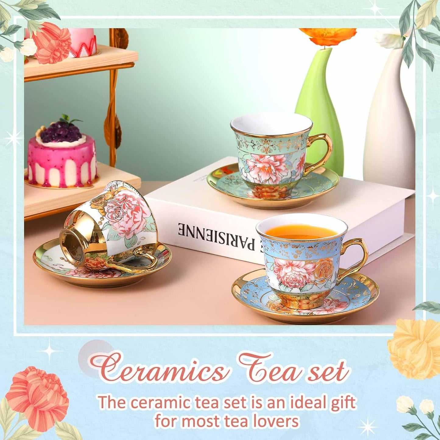 Set of 12 Tea Cups and Saucers Tea Party Decorations Floral Porcelain 5.4 oz British Gift for Women Birthday Party, Church, and Mother's Day (Classic Style)