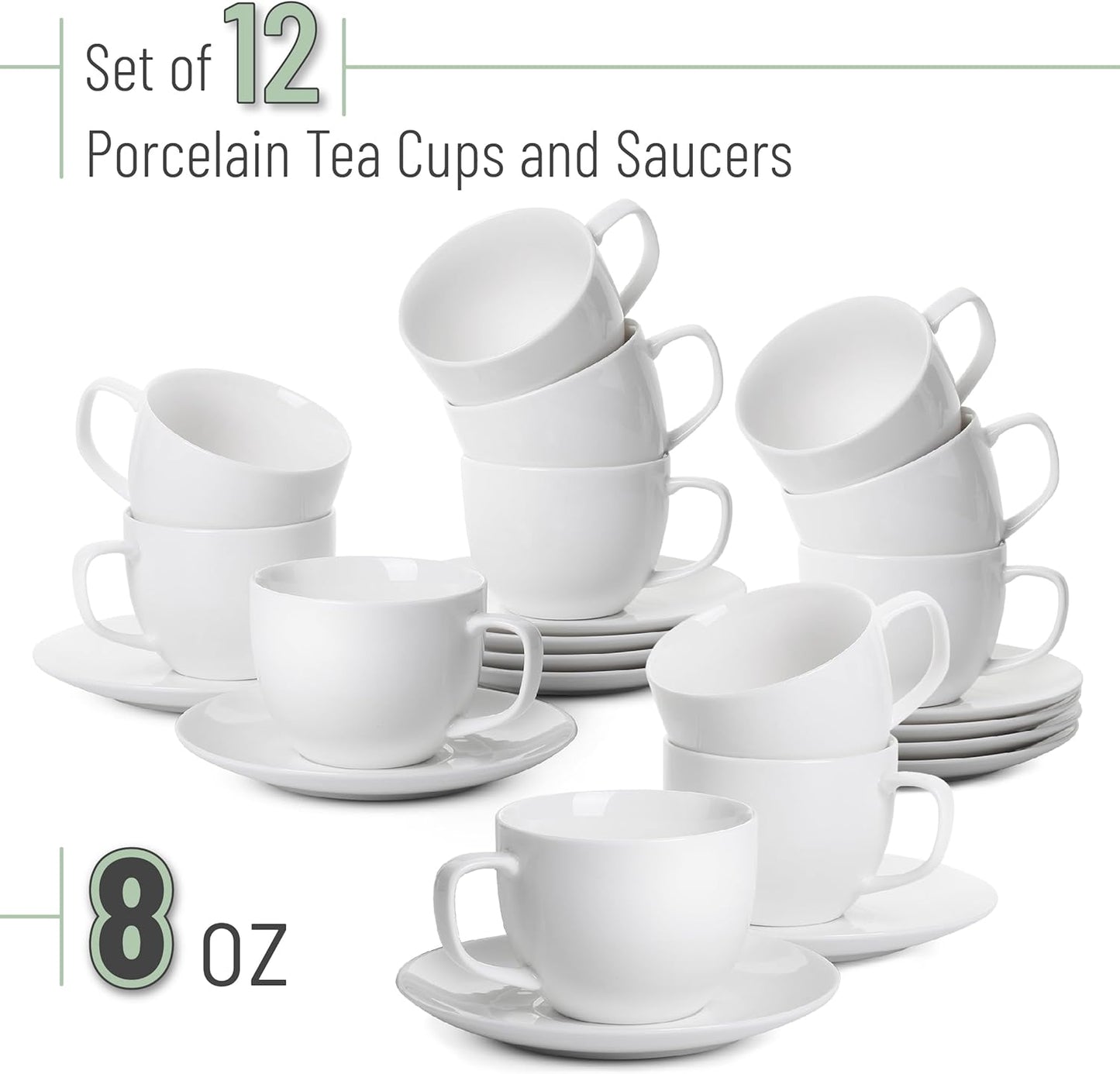 BTaT Porcelain Tea Cups and Saucers, 8oz, Set of 12, White